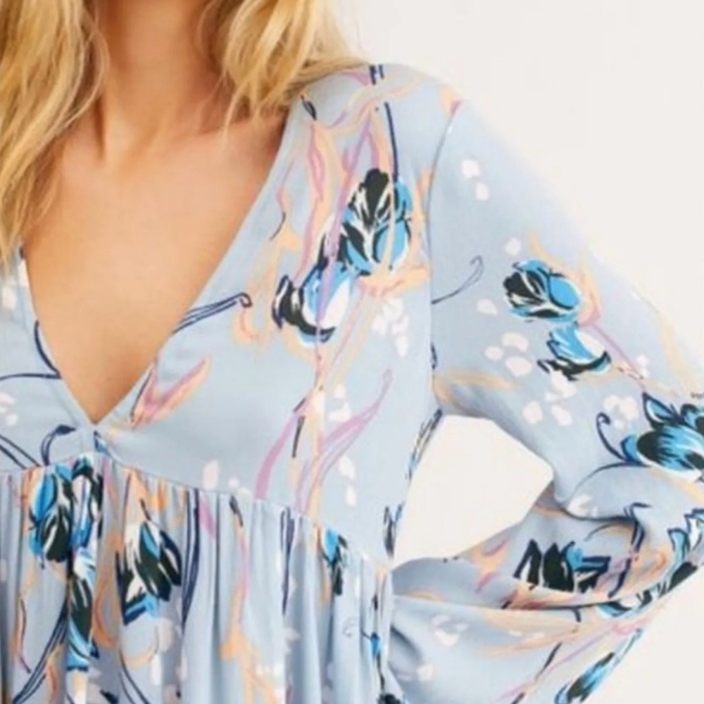 FREE PEOPLE Bella Printed Blur Blue Floral Tunic Dress Size S - Picture 2 of 10